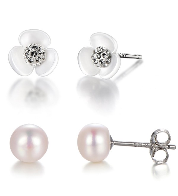 925 Sterling Silver Post Freshwater Cultured Pearl AAA Studs Earrings with Mother of Pearl Shell Flower - C1186RHWINC
