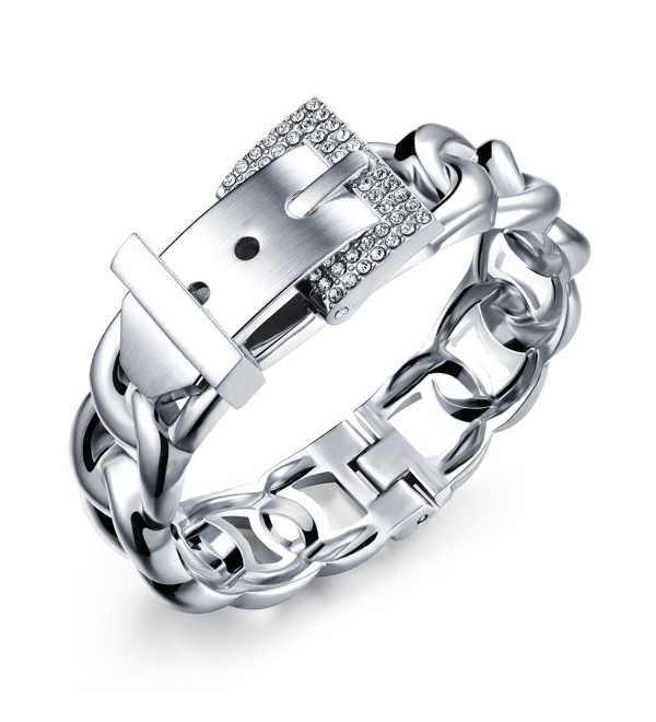 Epinki Stainless Steel Womens Cuff Bracelet Curb Chain Cubic Zirconia Belt Buckle - White - CF1827G8YW7