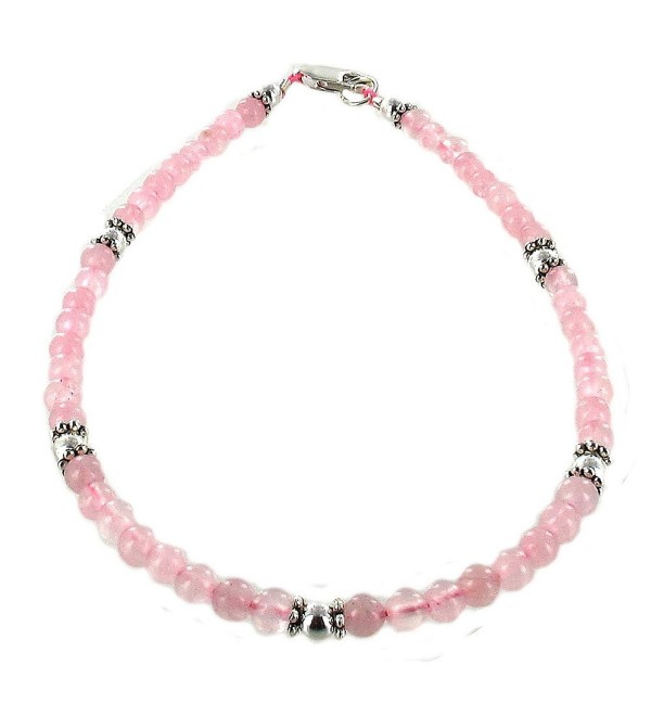 Womens Rose Quartz & Sterling Silver Ladies Beaded Gemstone Anklet with Daisies - CD11CPAID6H