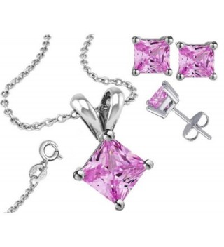 925 Sterling Silver Princess Cut Pink Pendant & Earring Combo Gift Set 1 Ct Each Stone 2 Ctw Earring - C511GA62Z07