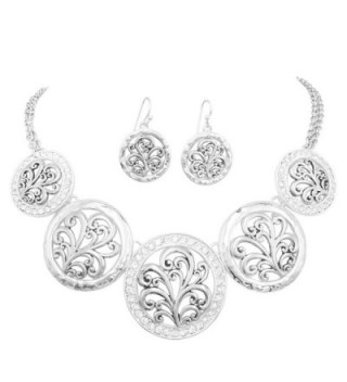 5 Disk Filigree Wave Swirl Bib Statement Necklace & Dangle Earring Set - CF18CCURNH6