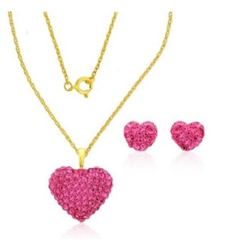 10k Yellow Gold Pink Swarovski Crystal Puffed Heart Pendant Earrings Set(Mother's Day Gift) - CM12BP4N5J9