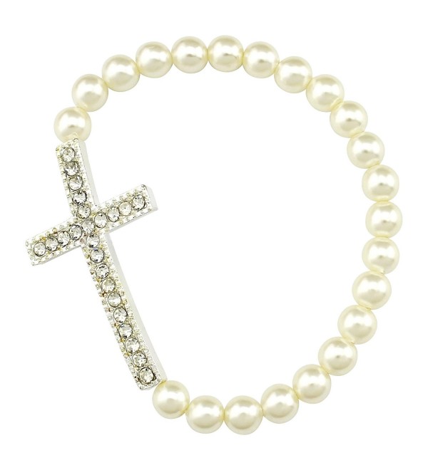 Handmade Alloy Rhinestone White Bead Cross Stretch Bracelet - C411YIB4S7P