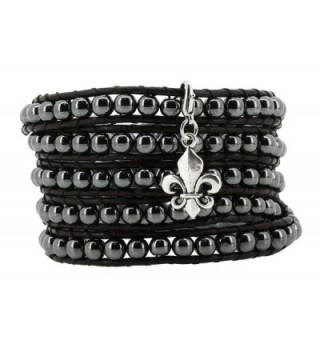 Long Leather Black Simulated Hematite Stone Bead Wrap Around Bracelet with a Removable Charm- 40 Inches - CP11YZZW8LR