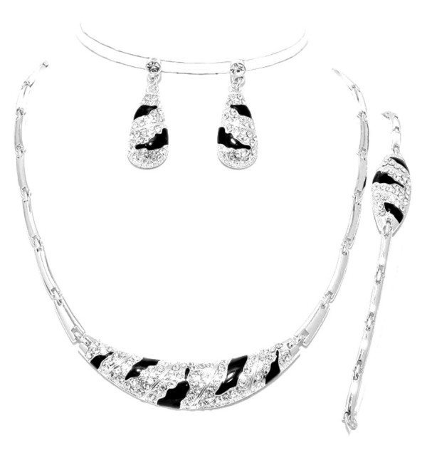 3 Pcs Elegant Luxury Silver Black Crystal Zebra Wild Print Necklace Bracelet Earrings Set - C712C4LNF65