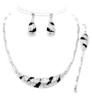 3 Pcs Elegant Luxury Silver Black Crystal Zebra Wild Print Necklace Bracelet Earrings Set - C712C4LNF65