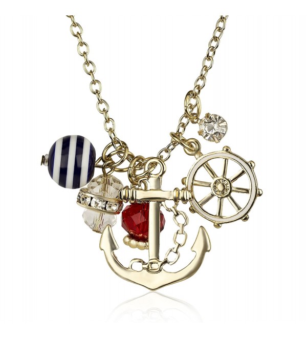 Lux Accessories Goldtone Nautical Cluster Anchor Ship Wheel Charm Necklace - CJ12LHNUJ0B