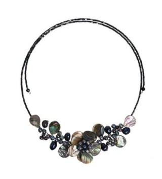 Lotus Wreath Abalone Shell Cultured Freshwater Pearl Memory Wire Wrap Necklace - CK11FEQ435P