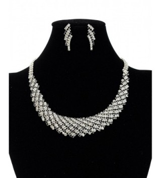 Clear & Black Rhinestone Stud Round Collar Evening Necklace and Stud Earrings Set in Silver-Tone - C3128PEJEFV