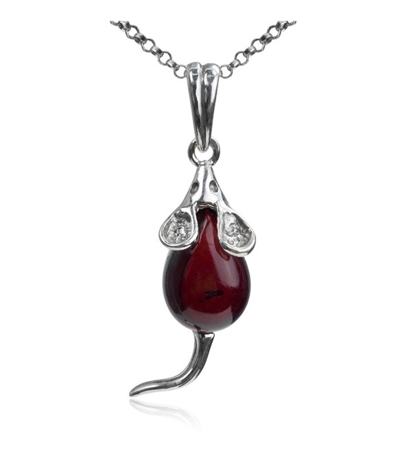 Cherry Amber Sterling Silver Mouse Pendant Necklace Chain 18" - CL12643UXEV