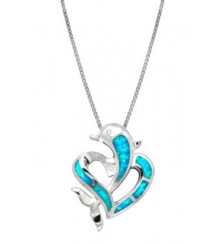 Sterling Silver Dolphin Heart CZ Necklace Pendant with Simulated Blue Opal and 18" Box Chain - CX119BOTREN