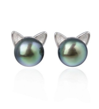 S.Leaf Cat Ear Stud Earrings Sterling Silver Black Freshwater Pearl Ear Studs - C012O6E88S1