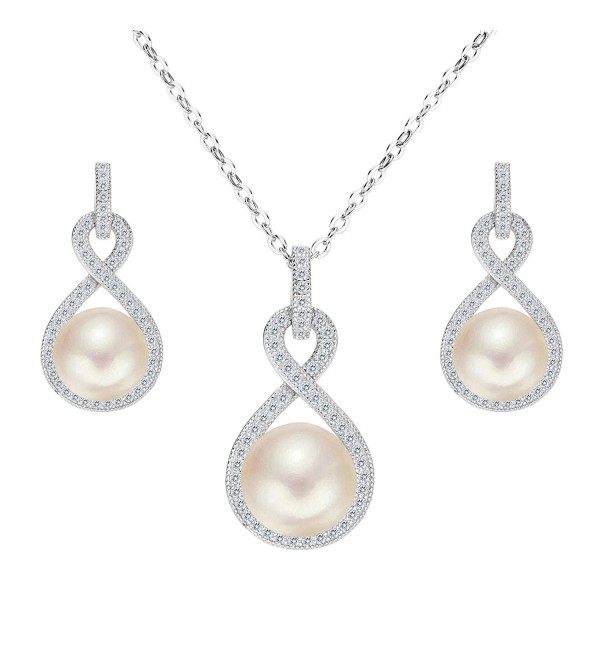 EleQueen 925 Sterling Silver CZ AAA Button Cream Freshwater Cultured Pearl Bridal Jewelry Necklace Earrings Set - C112GOS6YM1