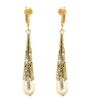 Classy Gold Tone & Faux Simulated Pearl Clip On Earrings-Regal Elegance for Women- Golden Lovely Filigree - C5126PAYV7H