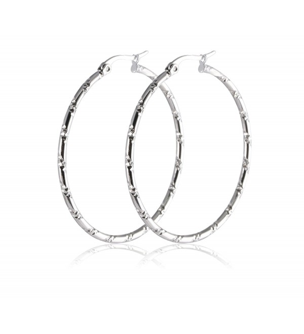 Stainless Steel Womens Rounded Silver Hoop Earrings Pierced Sparkly Bamboo Pattern - C812DTSKJJD