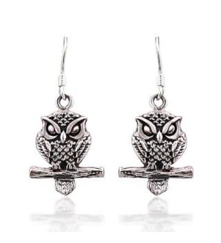 925 Sterling Silver Oxidized Detailed Midnight Owl on Branch Hook Earrings - CW11LWHRAAN