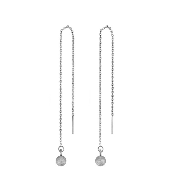 Women's Cute Round Ball Stainless Steel Threader Pull Through Chain Dangle Drop Earrings - C617AZT0M7M