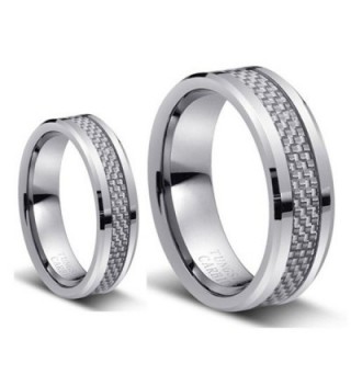 His & Her's 8MM/6MM Tungsten Carbide Wedding Band Ring Set With Silver Carbon Fiber Inlay - CH1246401O7