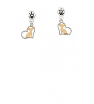 Two Tone Chihuahua Silhouette Heart - Crystal Paw Earrings - CR17YTWQKTQ