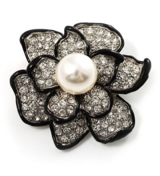 Bridal Synthetic Pearl Crystal Flower Brooch (Black & Silver) - CA113RDD2QX