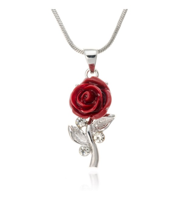 PammyJ Small Single Red Rose with Clear Crystal Silvertone Pendant Necklace- 18" - C7115ONTX8Z