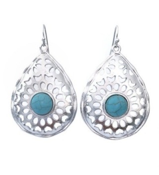 Teardrop Western Look Blue Simulated Turquoise Silver Tone Southwestern Dangle Earrings - CJ121HHTQVF