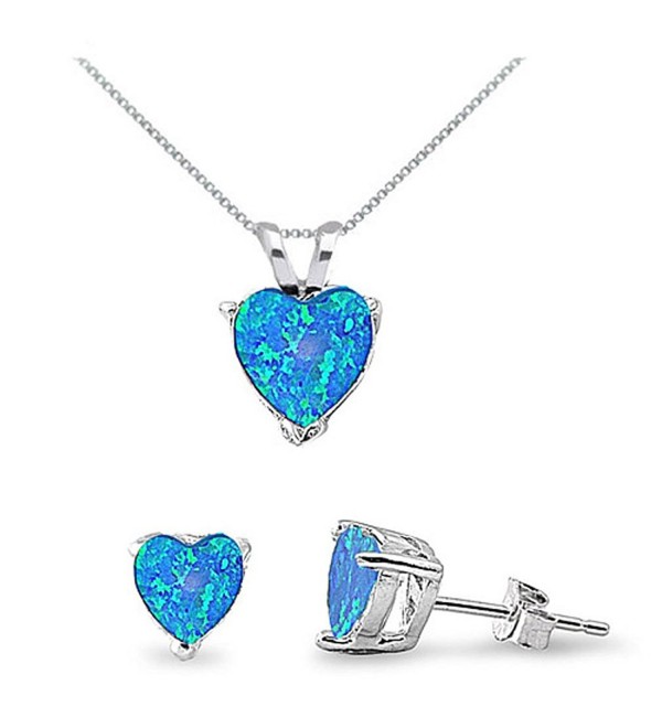 Blue Lab Opal Sterling Silver Heart Necklace & Earrings Set - CG11F6NSVPT