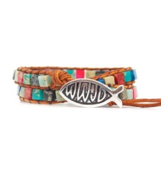 WWJD Bracelet Leather Wrap With a Mix of Rainbow Beads Pink Blue and Teal - CW183EUY36Q