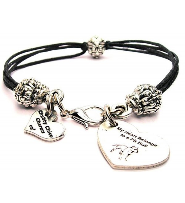 ChubbyChicoCharms My Heart Belongs To A Pit Bull- Pewter Beaded Black Waxed Cotton Cord Bracelet- 2.5" - CI11FWW4HXT