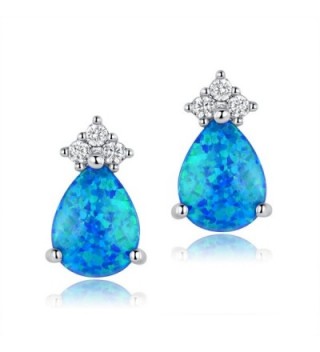 OPALTOP Platinum Plated Teardrop 6x8mm Blue fire Opal 3 Cubic Zirconia Stud Earrings - CI189HO8ELI