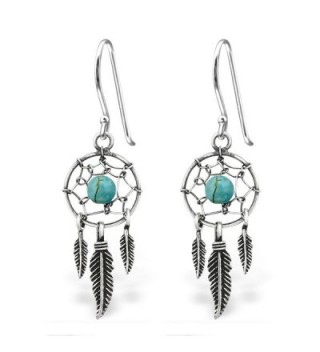 925 Sterling Silver Hypoallergenic Dream Catcher & Dangling Feathers w/ Turquoise Fishhook Earrings 30827 - C312O7K9GSI