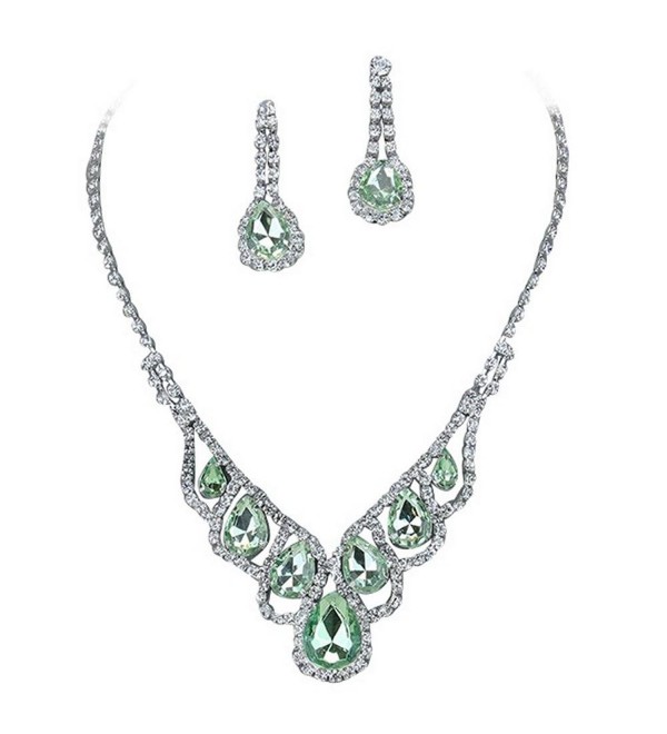 Light Green Elegant Droplets Rhinestone Prom Bridesmaid Evening Necklace Set Silver Tone T7 - CO11VB7ML87