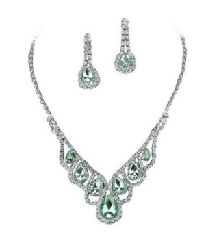 Light Green Elegant Droplets Rhinestone Prom Bridesmaid Evening Necklace Set Silver Tone T7 - CO11VB7ML87