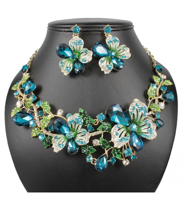Janefashions Sexy Flower Austrian Rhinestone Crystal Necklace Earrings Set Prom Teal N815t - CN12OI0Y7CQ