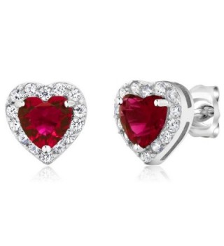 925 Sterling Silver Heart Shape Women's Halo Stud Earrings (2.32 Cttw. 5MM Center Stone) - Ruby Red and White - CF11PHS5OSZ