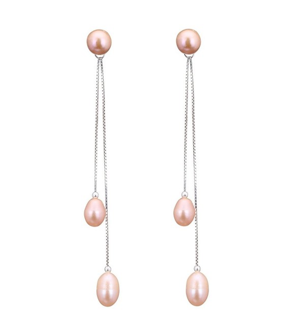 Stunning 7-8mm Cultured Freshwater Pearl 3" Sterling Silver Double Drop Earrings - C811ZA3ER3J