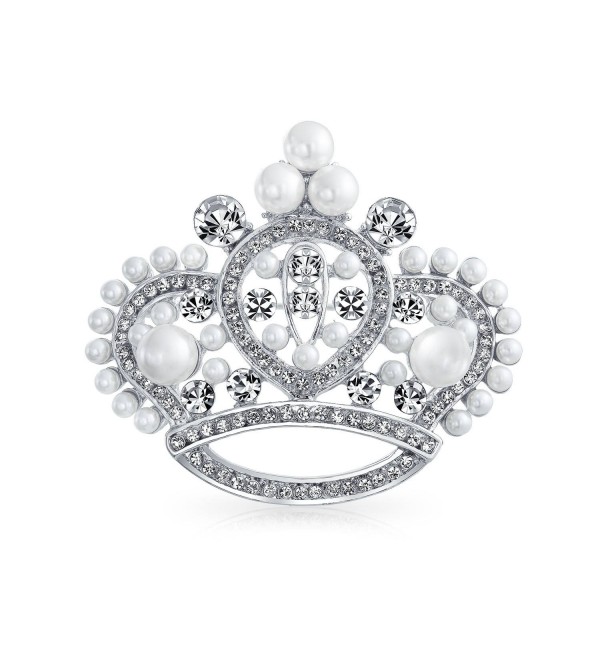 Bling Jewelry White Simulated Pearl Crystal Princess Crown Pin Brooch Rhodium Plated - CS11BS2HNK1