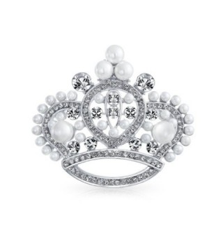 Bling Jewelry White Simulated Pearl Crystal Princess Crown Pin Brooch Rhodium Plated - CS11BS2HNK1