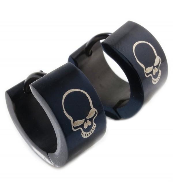 Pair Stainless Steel Black Plated Skull Hoop Earrings 7mm - C011EEI2MM5