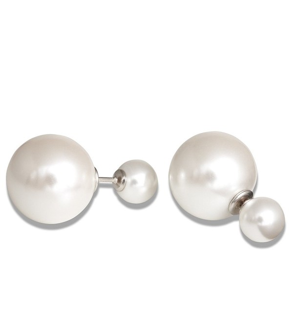 Sterling Silver 8mm and 16mm Reversible White Synthetic Shell Pearl Stud Earrings - C111UH40OF7