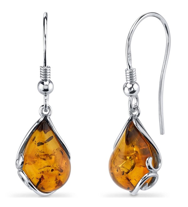 Baltic Amber Tear Drop Earrings Sterling Silver Cognac Color Fish Hook - CH11Y5N2387