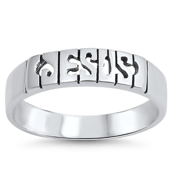 Jesus Script Oxidized Cutout Word Christian Ring Sterling Silver Band Sizes 5-12 - C7184Y84AKY