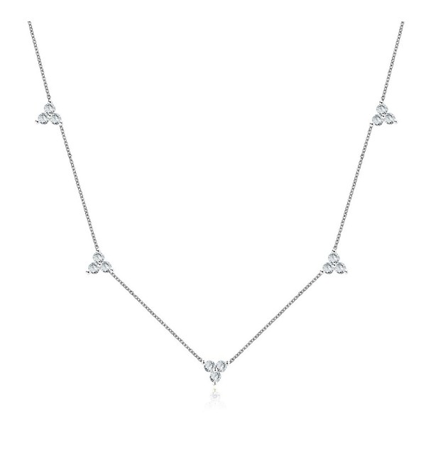 Sterling Silver Triple Cubic Zircon Stones Cluster Choker Chain Necklace 14-16 Inch- 3 Colors Available - White - CC187K6TS9T