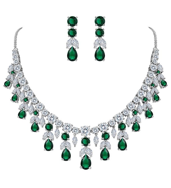 BriLove Women's Wedding Bridal CZ Cluster Leaf Teardrop Statement Necklace Dangle Earrings Set - Emerald Color - CF185OXURZ4