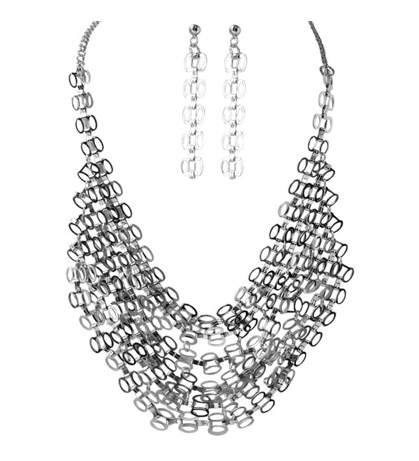 Silvertone Multilayered Chainmaille Collar Bib Necklace Earring Jewelry Set for Women - CI11NUZHR05