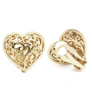 Sparkly Bride Heart Filigree Clip On Earrings Gold Plated Ornate Scroll - C112CH54C6P
