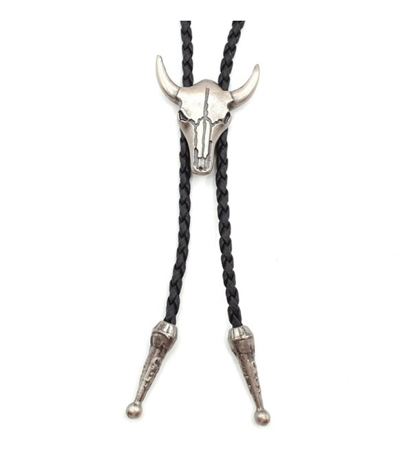 Jenia Vintage Leather Necktie Cord Bolo Tie Rope Necklace for Women and Men - cow skull bolo tie-silver - C612NR76Y12