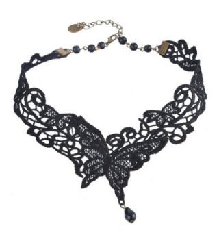 Souarts Black Hollow Butterfly Braided Fabric Lace Choker Necklace with Teardrop Bead - C011XKQVSZ9