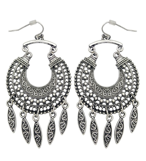 RechicGu Ethnic Retro Bali Jhumka Jhumki Crescent Drops Mexican Gypsy Dangle Earrings - Vintage Silver Tone - C2182XX76GR