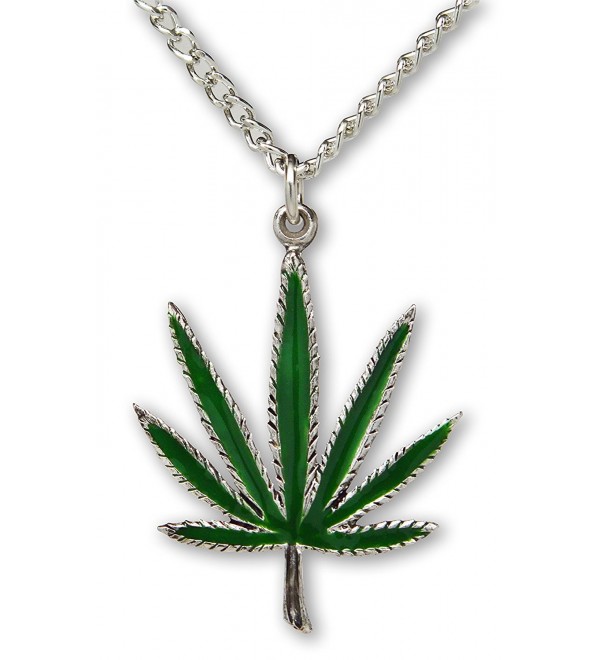 Marijuana Weed Pot Leaf Green Enamel on Silver Finish Pewter Pendant Necklace - CI11HYF91AP